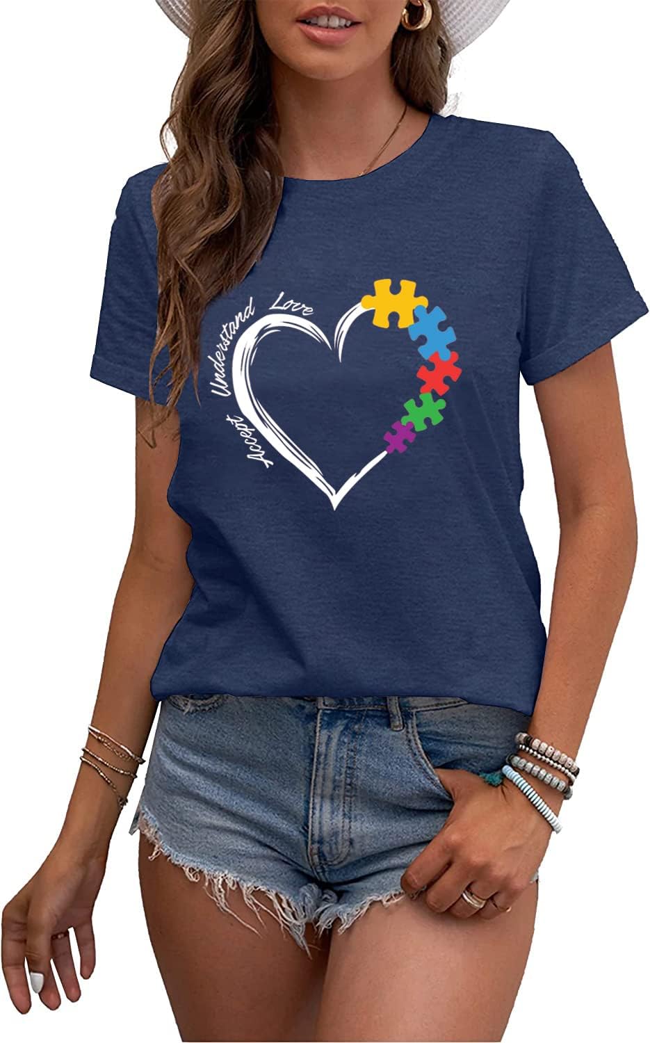 Autism Teacher Shirt Women's Autism Awareness Tshirt Accept Understand Love Tee Puzzle Piece Graphic Short Sleeve Top