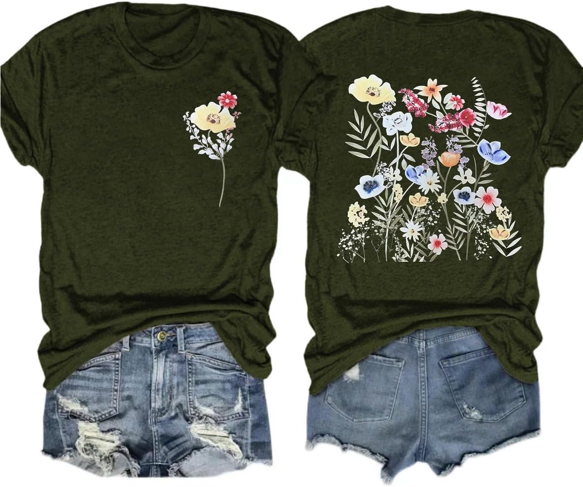 Women's Vintage Flowers Shirt Casual Boho Floral Printed T-Shirt Sunflower Wildflowers Graphic Tees Tops for Girl