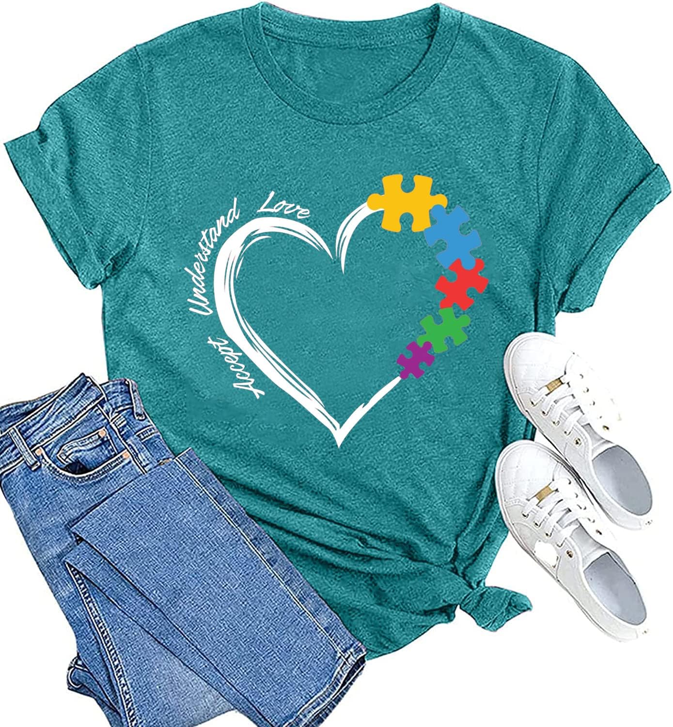 Autism Teacher Shirt Women's Autism Awareness Tshirt Accept Understand Love Tee Puzzle Piece Graphic Short Sleeve Top