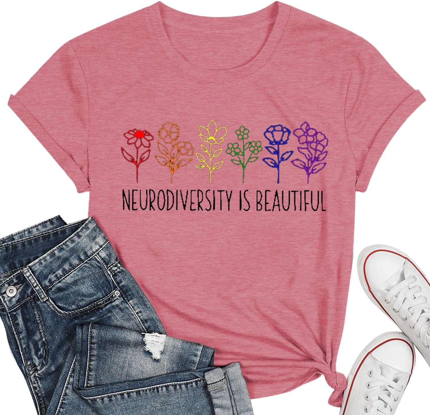 Autism Awareness Shirt Women Neurodiversity Rainbow Flower T-Shirts Special Education Teacher Gift Tee Tops